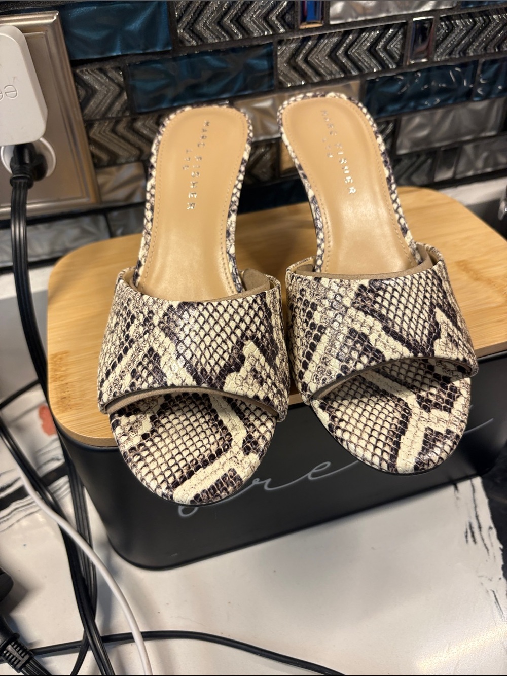Marc Fisher Snake-Print Open-Toe Slide Heels in Beige and Black